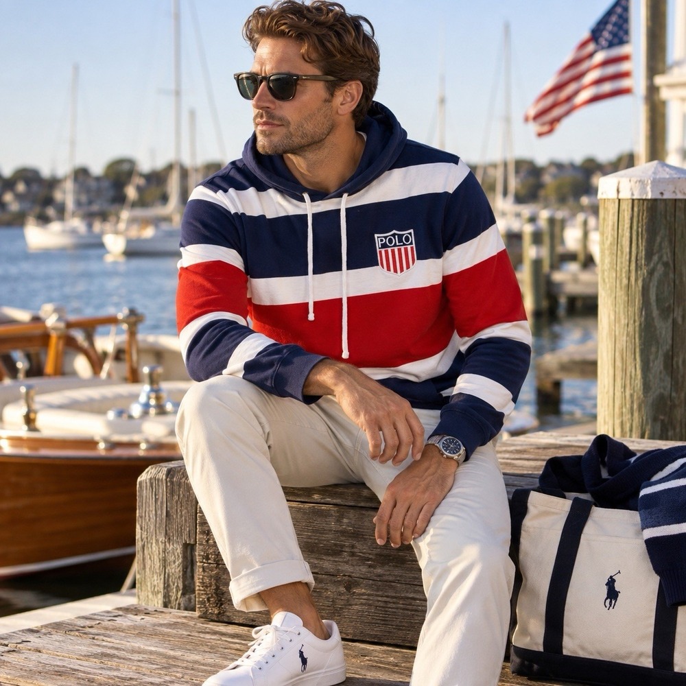 Polo Ralph Lauren K-Swiss Shield Hoodie Mens L Red White Blue Striped Rugby